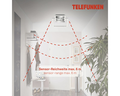Plafonnier Telefunken avec détecteur de mouvement dans le couloir avec une portée de capteur maximale de six mètres.