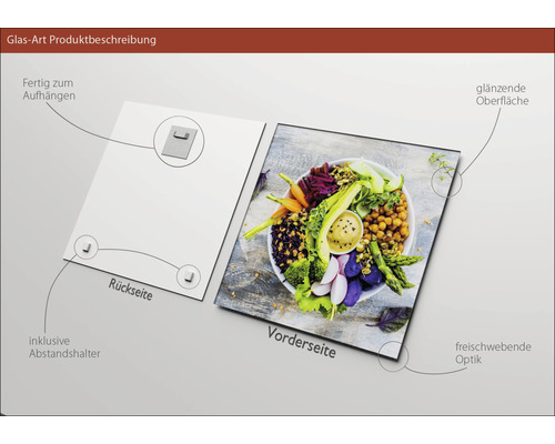 Glasbild mit glänzender Oberfläche, inklusive Abstandshalter und Aufhängevorrichtung