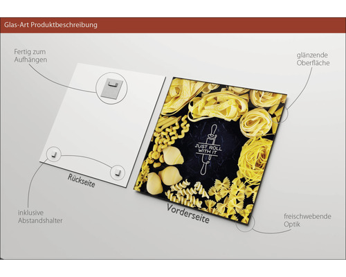 Glasbild mit Pasta-Motiv, inklusive Wandhalterung