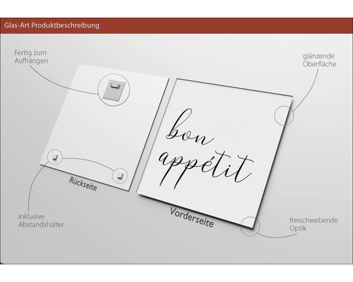 Glasbild mit der Aufschrift ''Bon Appetit'', inklusive Aufhängung und Abstandshalter