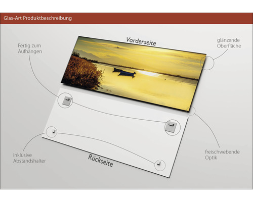 Glasbild Produktbeschreibung: Vorder- und Rückseite mit Halterungen und glänzender Oberfläche