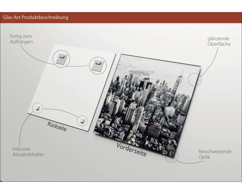 Glasbild mit New York Skyline, inklusive Abstandshalter zur Wandmontage