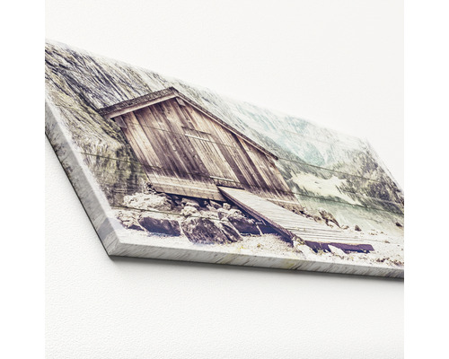 Tableau sur toile avec cabane de montagne et motif de lac