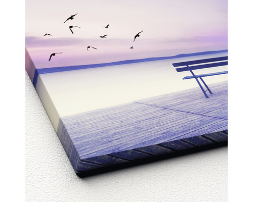 Image sur toile avec un banc au bord du lac et des oiseaux volants