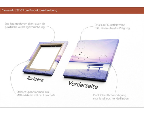 Canvasbild 27x27 Zentimeter mit MDF Rahmen, Leinwanddruck und Aufhängevorrichtung