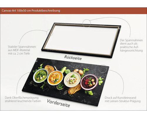 Leinwandbild 100x50 cm mit einer Abbildung von verschiedenen Suppen auf einem dunklen Teller, montiert auf einem MDF Rahmen.