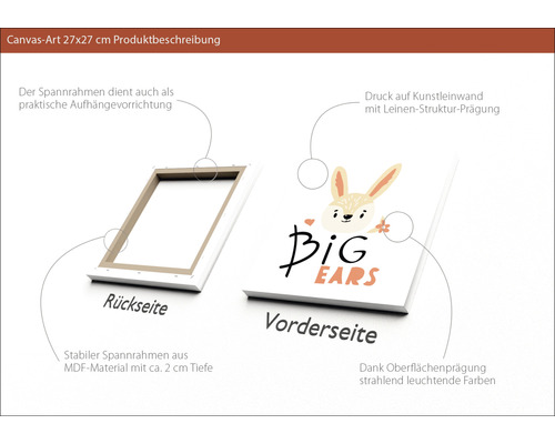 Produktbeschreibung Leinwandbild 27x27 cm mit Hasenmotiv und MDF Rahmen