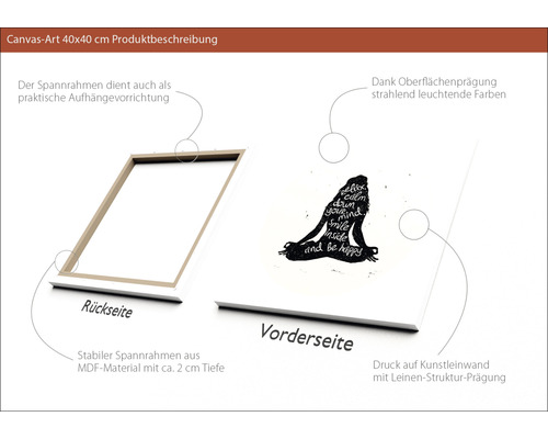 "Leinwandbild 40x40 cm mit einer Abbildung einer Yoga-Figur und dem Schriftzug ""Relax calm down your mind smile inside and be happy"", Rückseite mit Spannrahmen aus MDF-Material"