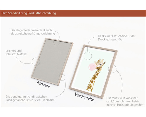Bilderrahmen mit Giraffenmotiv und hellen Holzrahmen mit Glasscheibe