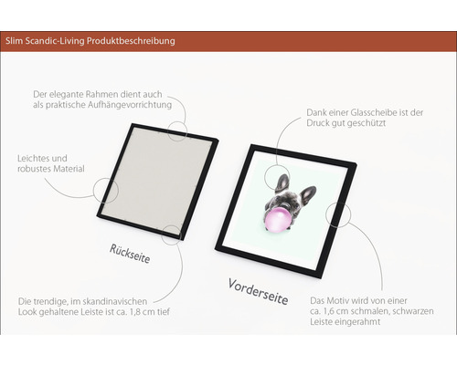 Produktbeschreibung eines Bilderrahmens mit schmalem, circa 1,6 Zentimeter breitem Rahmen aus robustem Material, Vorder- und Rückseite