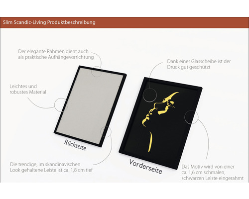 Schwarz gerahmtes Bild mit Abbildung eines Gesichtes und einer Rahmenrückseite.