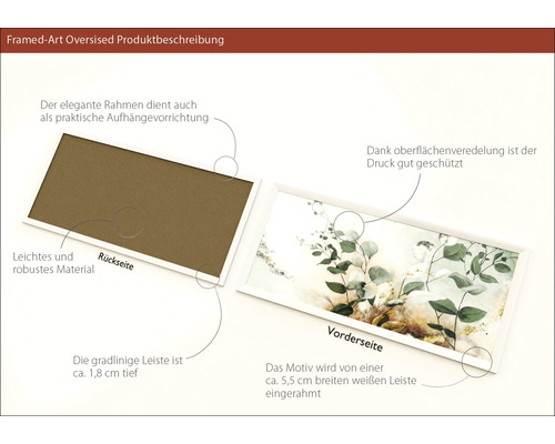 Produktbeschreibung eines gerahmten Bildes mit Pflanzenmotiv, Vorder- und Rückseite