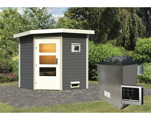 Chalet sauna Karibu Rubin 1 avec poêle 9 kW et commande externe, avec porte en bois avec verre transparent gris terre cuite/blanc