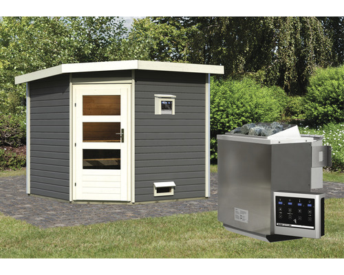 Chalet sauna Karibu Rubin 3 avec poêle bio 9 kW et commande externe, avec porte en bois avec verre transparent gris terre cuite/blanc