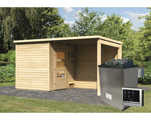 Chalet sauna Karibu Pepper 2 avec poêle 9 kW, commande externe et auvent avec porte en bois et verre isolé thermiquement