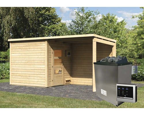 Chalet sauna Karibu Pepper 3, avec poêle bio 9 kW, commande externe et auvent avec porte en bois et verre isolant isolé thermiquement