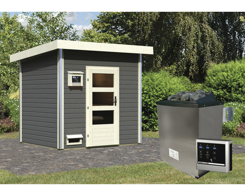 Chalet sauna Karibu Opal 4 avec poêle 9 kW et commande ext. avec porte en bois et verre à isolation thermique gris terre cuite/blanc
