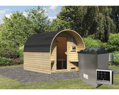 Sauna tonneau Karibu Fassy 2 avec poêle 9 kW et commande externe avec porte entièrement vitrée en verre transparent