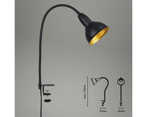 Lampe à pince avec bras flexible et schéma coté