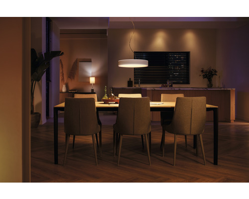 Salle à manger avec table à manger, chaises et suspension pour une atmosphère accueillante