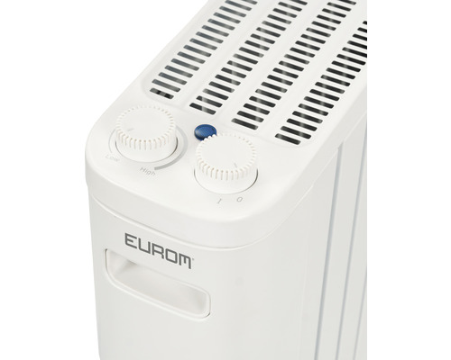 Detailansicht eines Heizkörpers mit Thermostat und Eurom Logo.