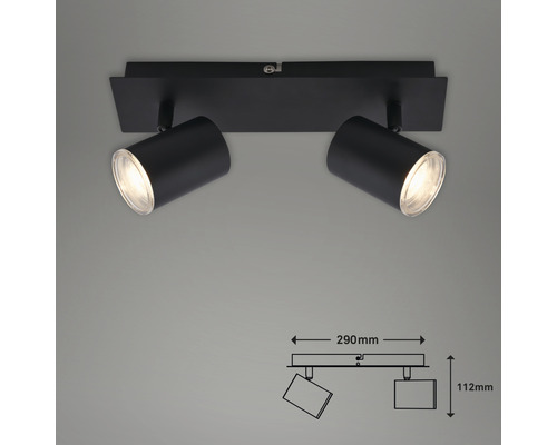 Plafonnier noir avec deux spots et indications de dimensions.