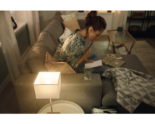Une femme est assise sur un canapé et prend des notes à côté d''une lampe de table dans un salon.