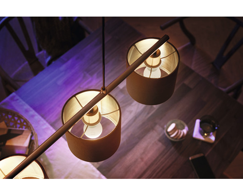 Suspension avec abat-jour au-dessus d''une table, vue plongeante