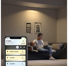 Wohnzimmer mit Deckenleuchte und Person mit Hund auf der Couch, Steuerung über eine Smartphone App