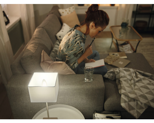 Salon avec canapé, lampe de table et une femme assise sur le canapé en train d''écrire.