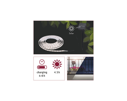 Solarbetriebene LED-Lichterkette mit Ladezeit und Leuchtdauer-Symbol