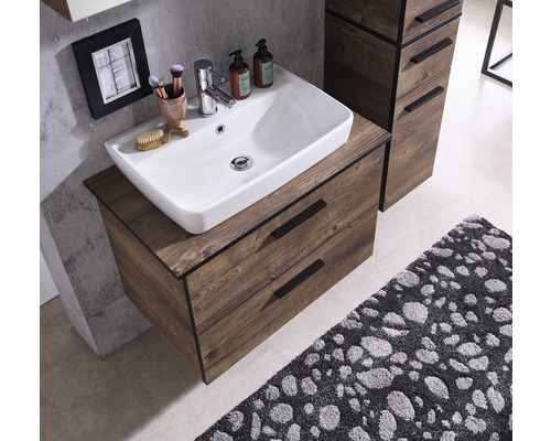 Badezimmerwaschtisch mit Holzdekor, Aufsatzwaschbecken, Armatur und Schubladen