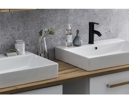 Salle de bains avec deux lavabos, robinet et objets de décoration sur une table en bois