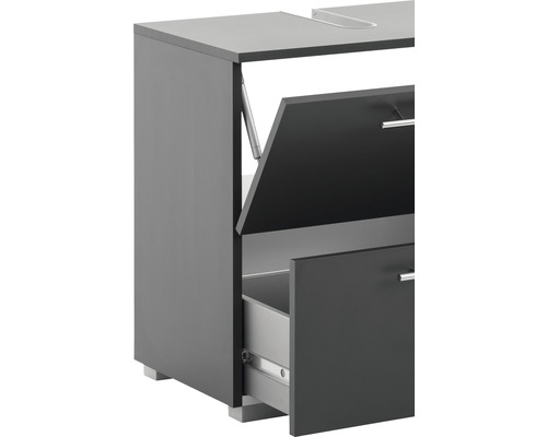 Waschbeckenunterschrank mit Schubladen und Klappe geöffnet