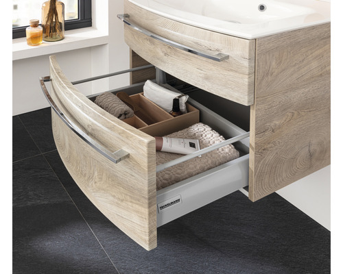 Waschbeckenunterschrank mit offener Schublade zur Badezimmeraufbewahrung