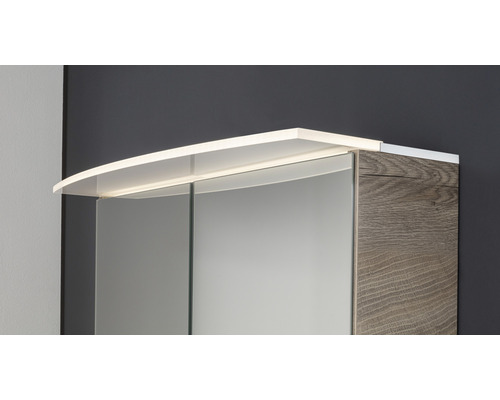 Vue détaillée d''une armoire de toilette avec décor bois et éclairage