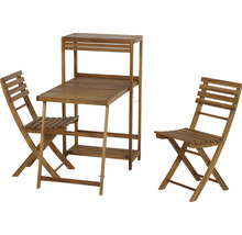 Table de jardin avec rangements et deux chaises pliantes en bois