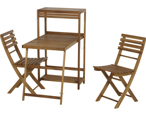 Table de jardin avec rangements et deux chaises pliantes en bois