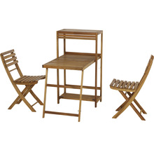 Table de jardin avec étagère et deux chaises pliantes en bois