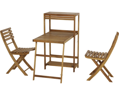 Table de jardin avec étagère et deux chaises pliantes en bois