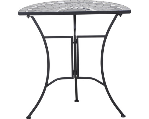 Halbierter Mosaiktisch mit Stahlgestell für den Garten.