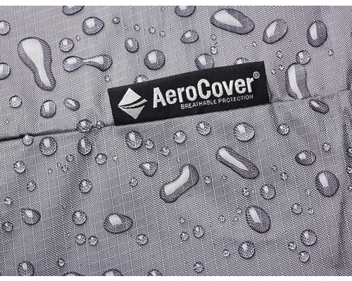 Nahaufnahme von wasserabweisendem AeroCover Gewebe mit Wassertropfen und Firmenlogo