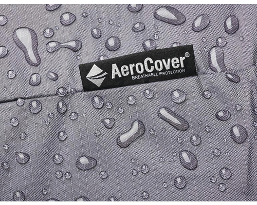 Gros plan d''une housse de protection hydrofuge AeroCover avec des gouttes d''eau et le logo de l''entreprise.