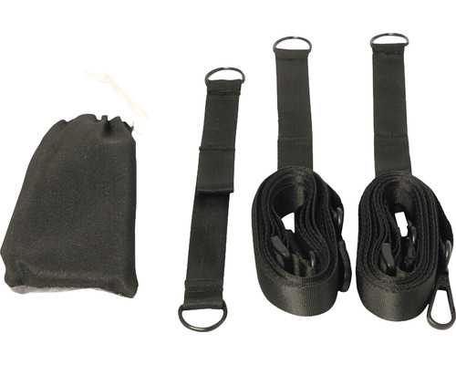 Set aus schwarzen Spanngurten mit Aufbewahrungsbeutel