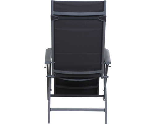 Vue arrière d''une chaise de jardin réglable avec cadre en aluminium et revêtement textile