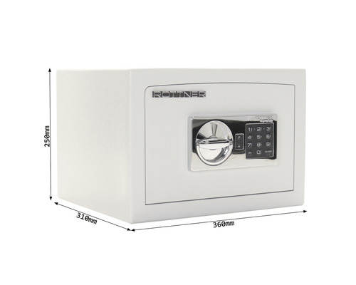 Coffre-fort Rottner blanc avec serrure à combinaison électronique et dimensions de 360 x 310 x 250 millimètres.