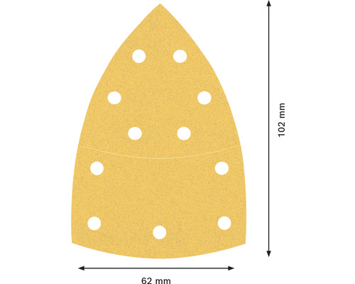 Papier abrasif triangulaire avec trous et dimensions 102 mm par 62 mm.