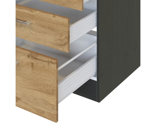 Meuble à tiroirs ouvert avec façade en bois
