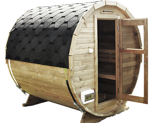 Holzfass Sauna mit geöffneter Tür und Bitumendach