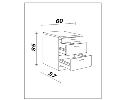 Dessin d''une commode à trois tiroirs avec dimensions